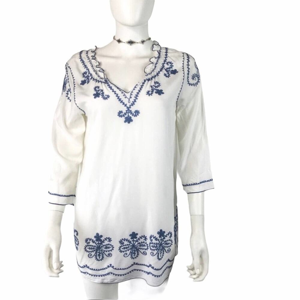 Nomadic Traders White & Blue Blouse Boho Embroidered Flowers Peasant Top